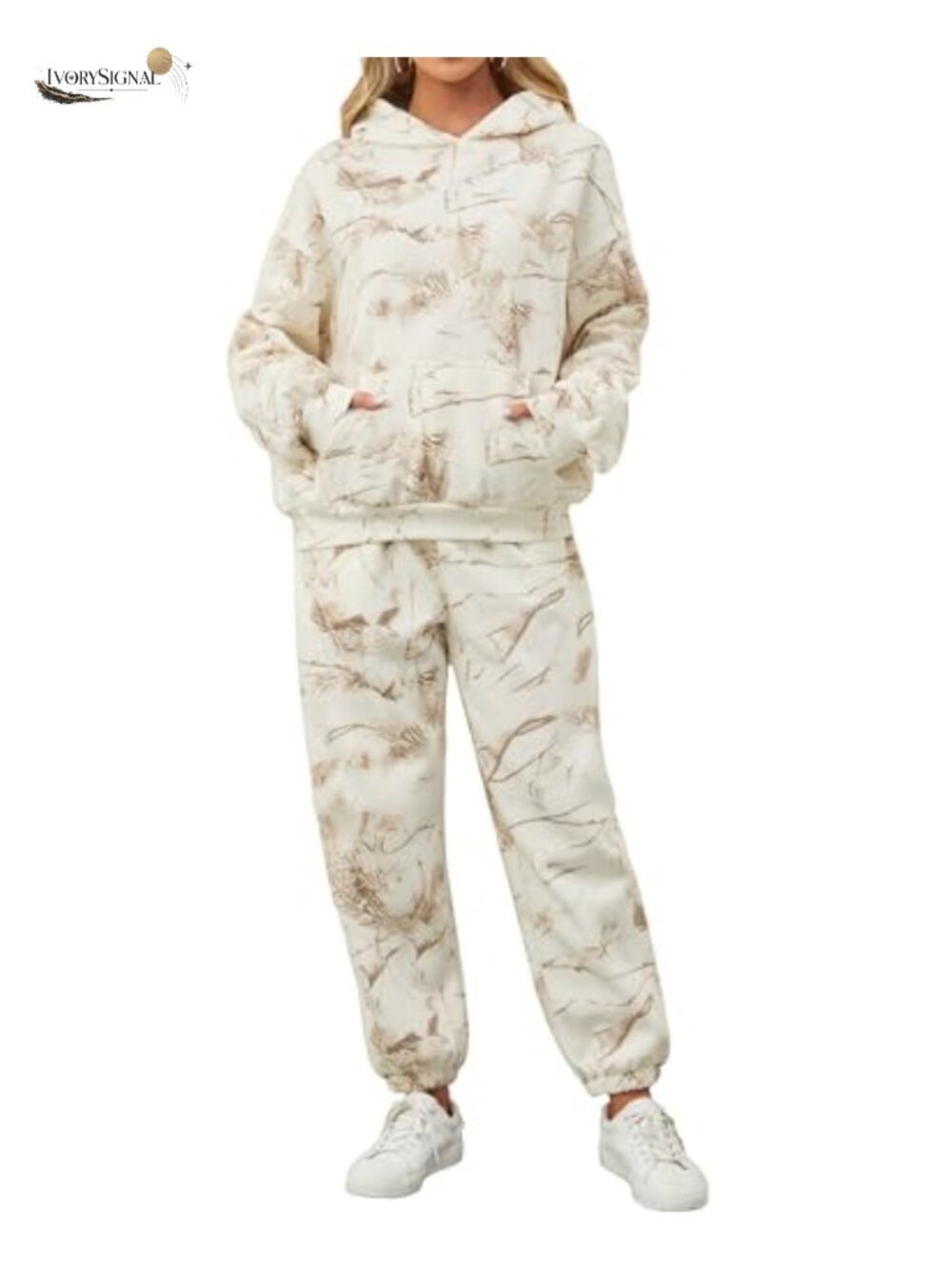 Women's 2 Piece Camo Hoodie & Jogger Lounge Set Fleece Lined Cotton Blend Fall